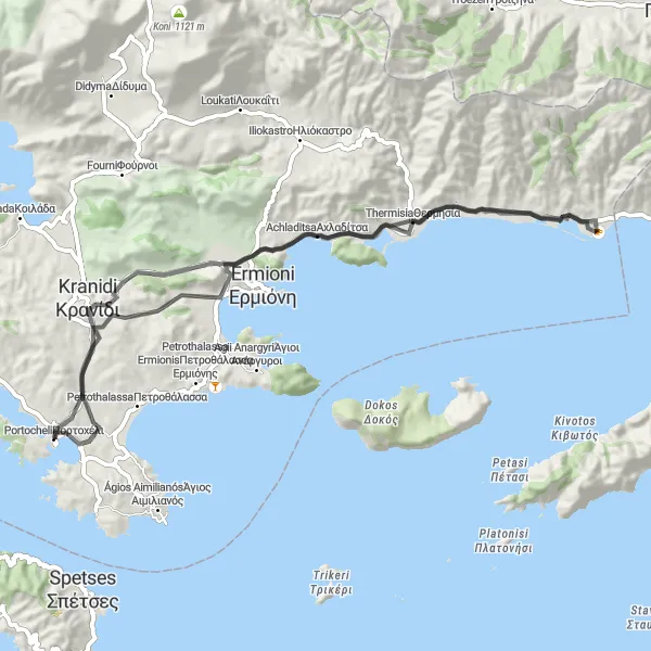 Map miniature of "Coastal Beauty and Hydra Beach" cycling inspiration in Peloponnisos, Greece. Generated by Tarmacs.app cycling route planner