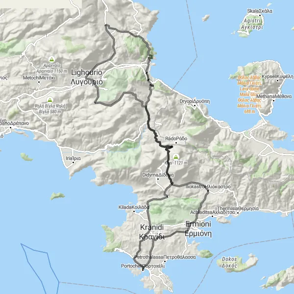 Map miniature of "Portocheli to Palea Epidhavros" cycling inspiration in Peloponnisos, Greece. Generated by Tarmacs.app cycling route planner