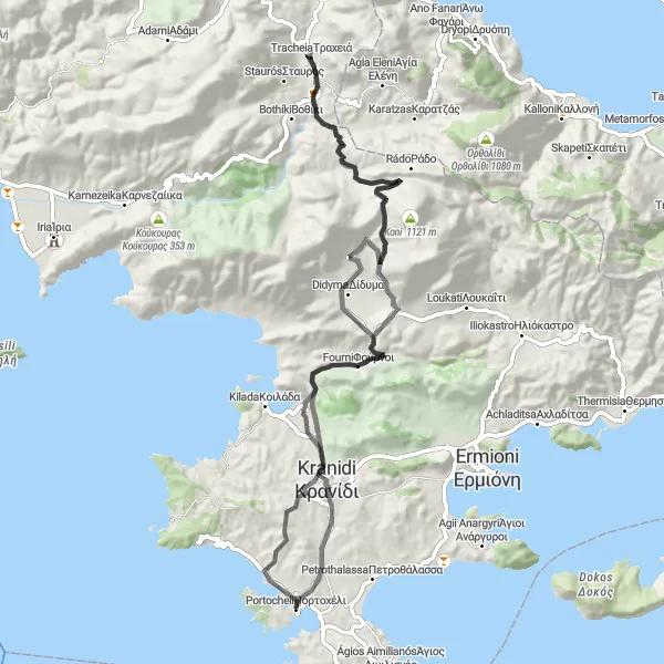 Map miniature of "Coastal Beauty and Tranquil Retreats" cycling inspiration in Peloponnisos, Greece. Generated by Tarmacs.app cycling route planner