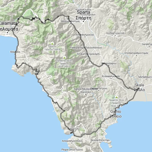 Map miniature of "Mountaineous Exploration" cycling inspiration in Peloponnisos, Greece. Generated by Tarmacs.app cycling route planner