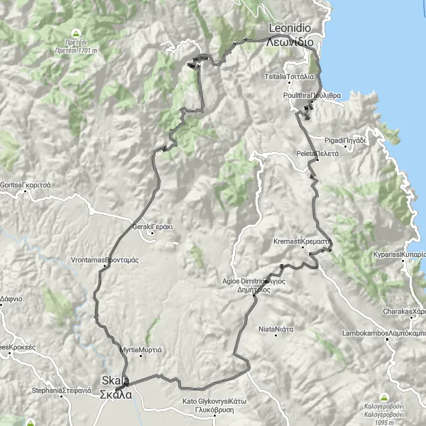 Map miniature of "Mountain Passes and Seaside Villages" cycling inspiration in Peloponnisos, Greece. Generated by Tarmacs.app cycling route planner