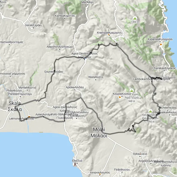 Map miniature of "Skála to Metamorfosi Loop" cycling inspiration in Peloponnisos, Greece. Generated by Tarmacs.app cycling route planner