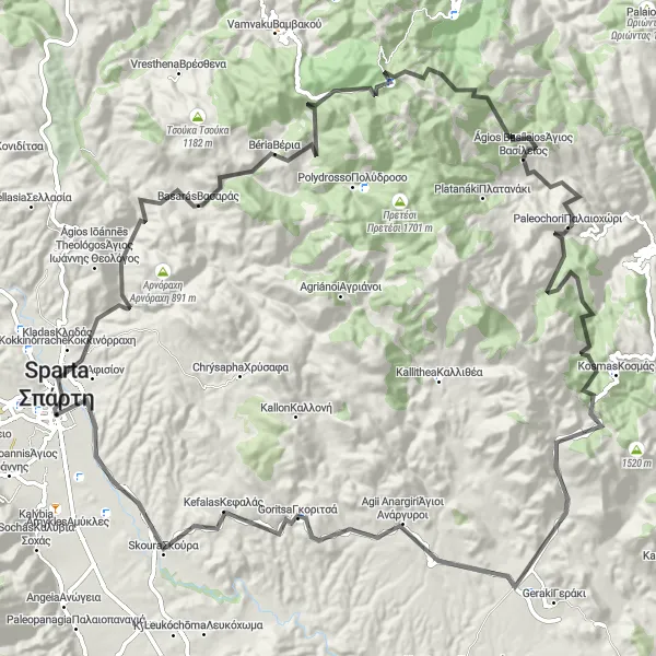 Map miniature of "Mountains and Valleys" cycling inspiration in Peloponnisos, Greece. Generated by Tarmacs.app cycling route planner