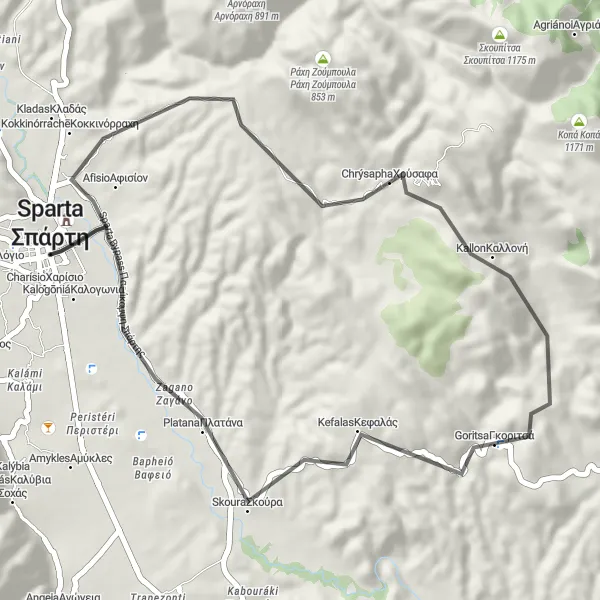 Map miniature of "Sparta Express Road Ride" cycling inspiration in Peloponnisos, Greece. Generated by Tarmacs.app cycling route planner