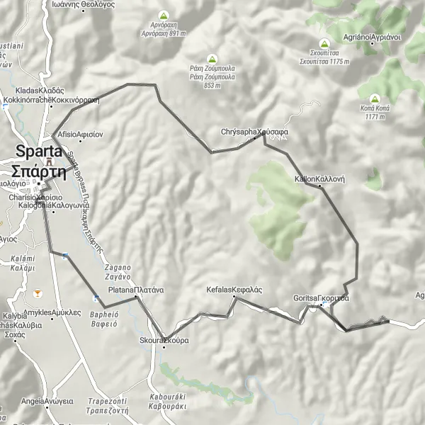 Map miniature of "Sparta Gravel Adventure" cycling inspiration in Peloponnisos, Greece. Generated by Tarmacs.app cycling route planner