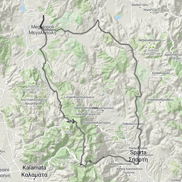 Map miniature of "The Leontari Adventure" cycling inspiration in Peloponnisos, Greece. Generated by Tarmacs.app cycling route planner