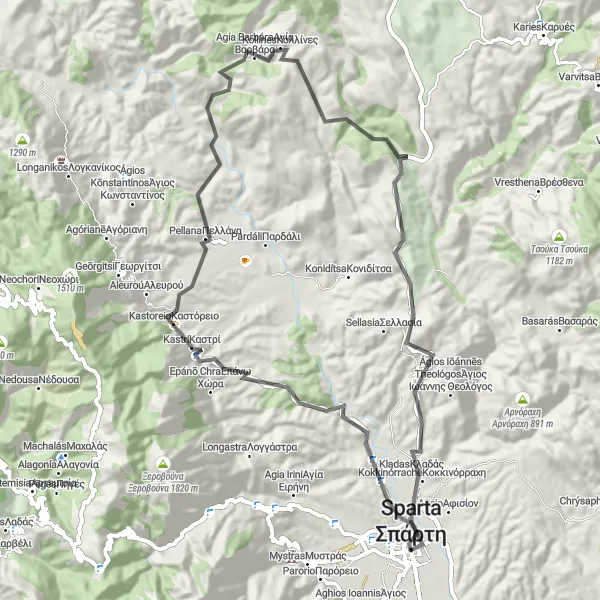 Map miniature of "The Vordonia Ride" cycling inspiration in Peloponnisos, Greece. Generated by Tarmacs.app cycling route planner