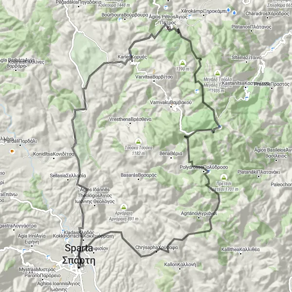 Map miniature of "Mountainous Splendor Road Adventure" cycling inspiration in Peloponnisos, Greece. Generated by Tarmacs.app cycling route planner