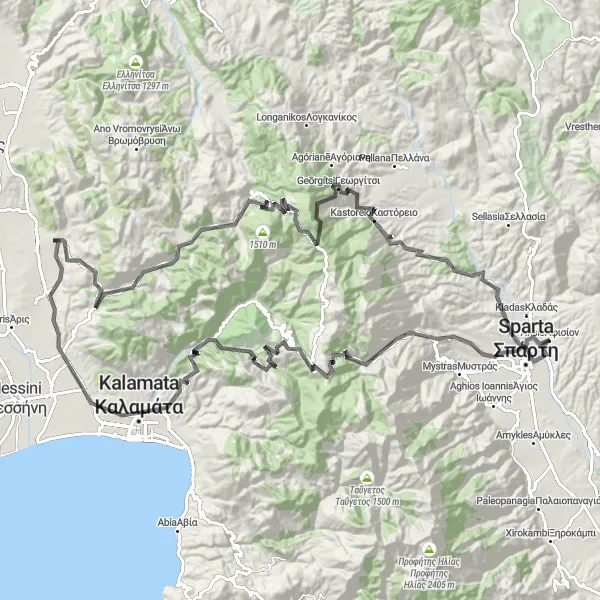 Map miniature of "Legendary Sparta Climbs" cycling inspiration in Peloponnisos, Greece. Generated by Tarmacs.app cycling route planner