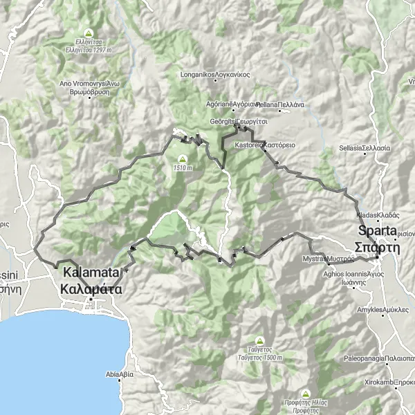 Map miniature of "The Mystras Escape" cycling inspiration in Peloponnisos, Greece. Generated by Tarmacs.app cycling route planner