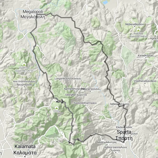 Map miniature of "Ultimate Sparta Road Challenge" cycling inspiration in Peloponnisos, Greece. Generated by Tarmacs.app cycling route planner