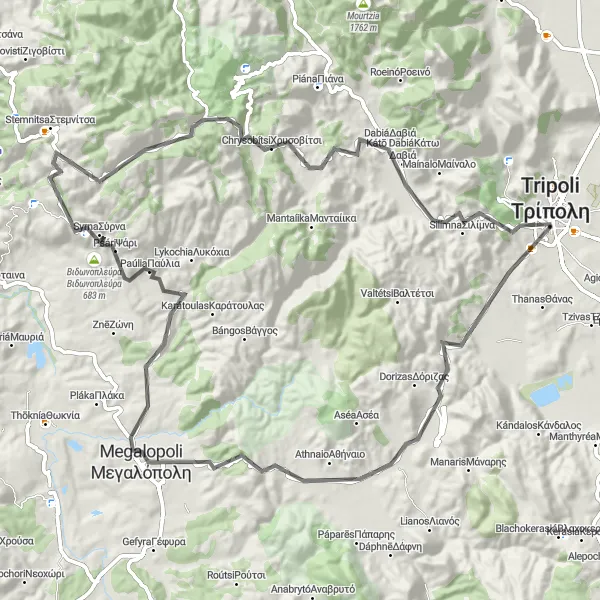 Map miniature of "Discover the Heart of the Peloponnese" cycling inspiration in Peloponnisos, Greece. Generated by Tarmacs.app cycling route planner