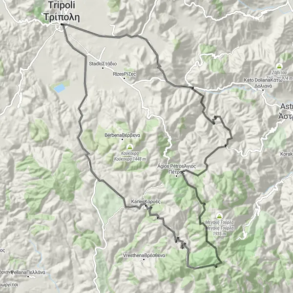 Map miniature of "The Spartan Challenge" cycling inspiration in Peloponnisos, Greece. Generated by Tarmacs.app cycling route planner