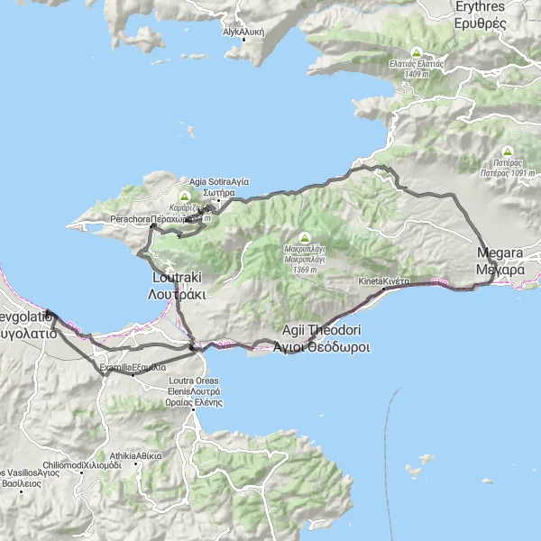Map miniature of "The Megara Challenge" cycling inspiration in Peloponnisos, Greece. Generated by Tarmacs.app cycling route planner