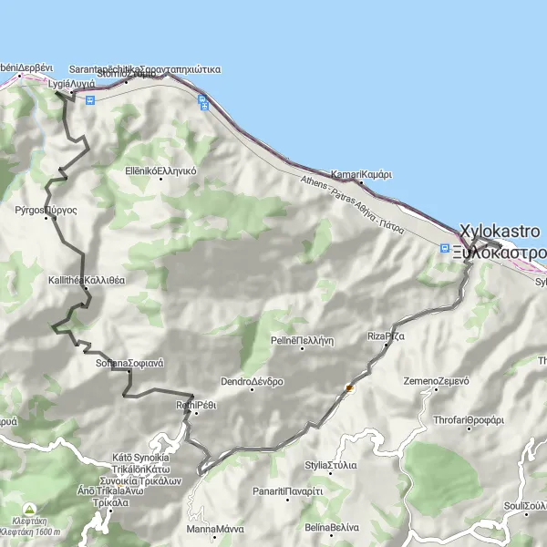 Map miniature of "Xylokastro Circuit" cycling inspiration in Peloponnisos, Greece. Generated by Tarmacs.app cycling route planner
