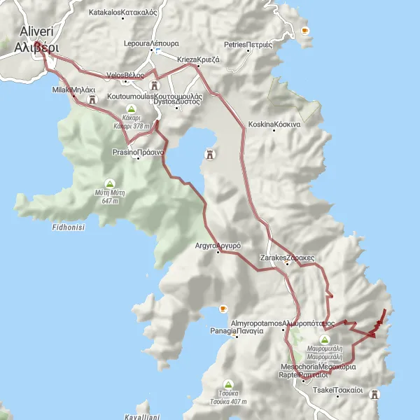 Map miniature of "Alivéri - A thrilling gravel cycling adventure" cycling inspiration in Sterea Elláda, Greece. Generated by Tarmacs.app cycling route planner