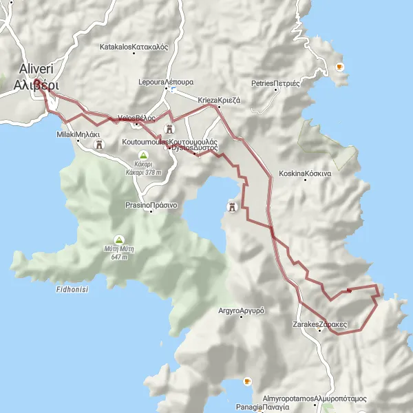 Map miniature of "Alivéri - A thrilling gravel adventure" cycling inspiration in Sterea Elláda, Greece. Generated by Tarmacs.app cycling route planner