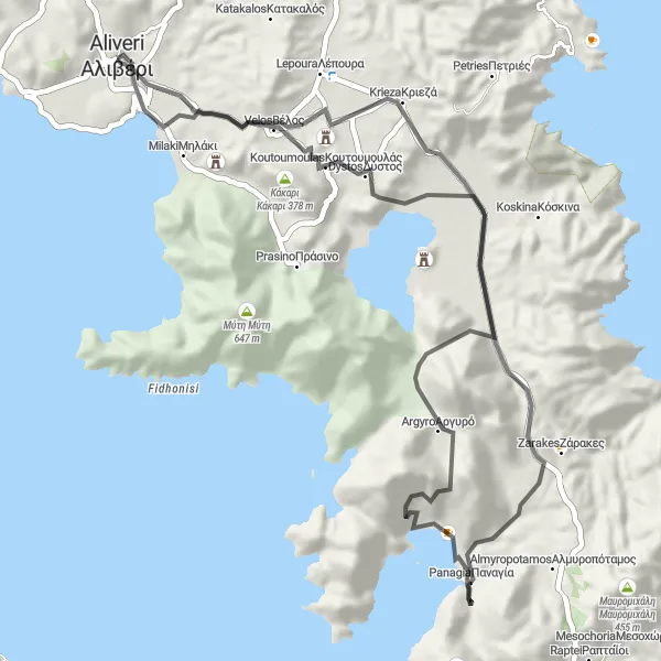 Map miniature of "Alivéri - A scenic road cycling route" cycling inspiration in Sterea Elláda, Greece. Generated by Tarmacs.app cycling route planner