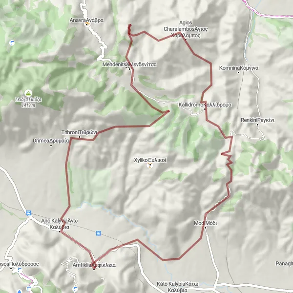 Map miniature of "Round-Trip Gravel Cycling Route near Amfíkleia" cycling inspiration in Sterea Elláda, Greece. Generated by Tarmacs.app cycling route planner