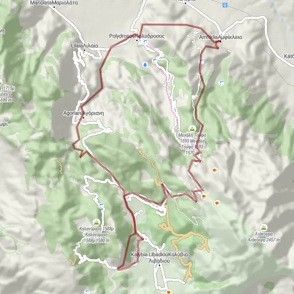 Map miniature of "Round-Trip Gravel Cycling Route near Amfíkleia" cycling inspiration in Sterea Elláda, Greece. Generated by Tarmacs.app cycling route planner