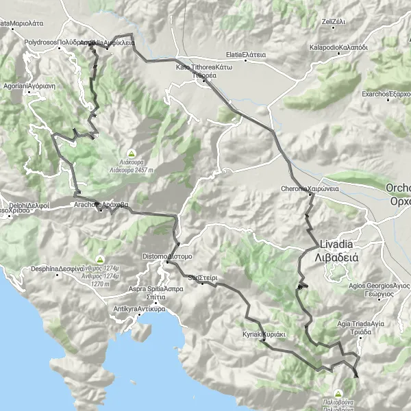 Map miniature of "Epic Road Cycling Adventure near Amfíkleia" cycling inspiration in Sterea Elláda, Greece. Generated by Tarmacs.app cycling route planner