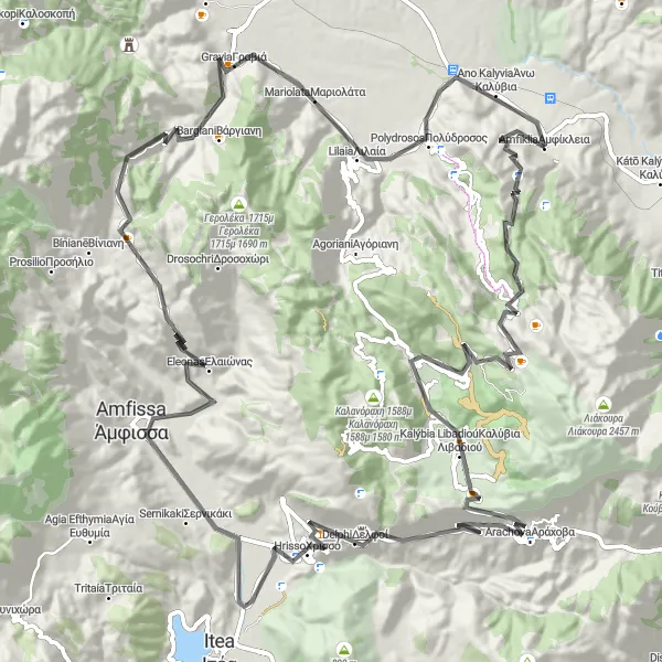 Map miniature of "Scenic Road Cycling Loop near Amfíkleia" cycling inspiration in Sterea Elláda, Greece. Generated by Tarmacs.app cycling route planner