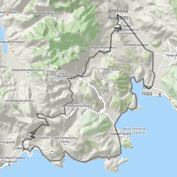 Map miniature of "Ámfissa - Itea - Galaxidi - Eratini - Ámfissa" cycling inspiration in Sterea Elláda, Greece. Generated by Tarmacs.app cycling route planner