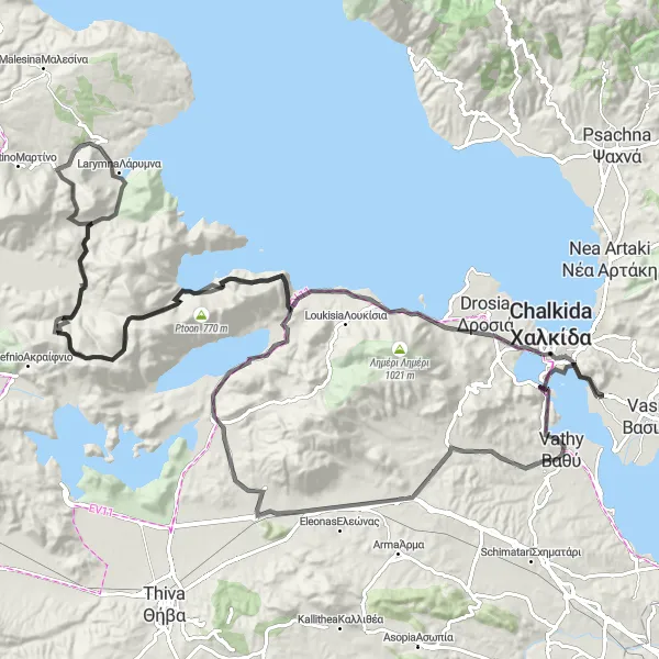 Map miniature of "Chalkída to Υψηλή Γέφυρα Χαλκίδας Loop" cycling inspiration in Sterea Elláda, Greece. Generated by Tarmacs.app cycling route planner