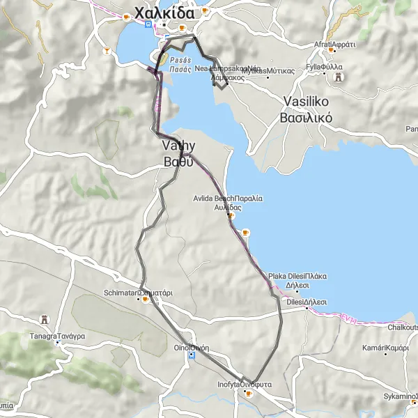 Map miniature of "Coastal Tour of Chalkída" cycling inspiration in Sterea Elláda, Greece. Generated by Tarmacs.app cycling route planner