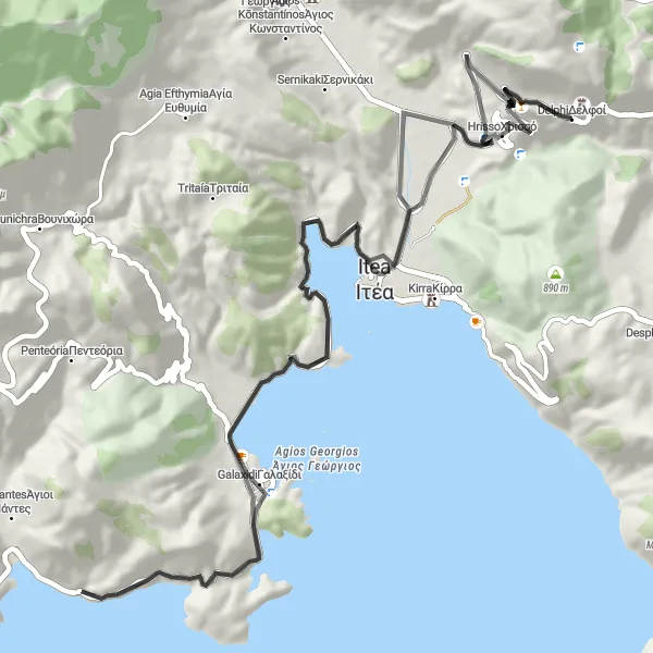 Map miniature of "Delphi to Hrisso Loop" cycling inspiration in Sterea Elláda, Greece. Generated by Tarmacs.app cycling route planner