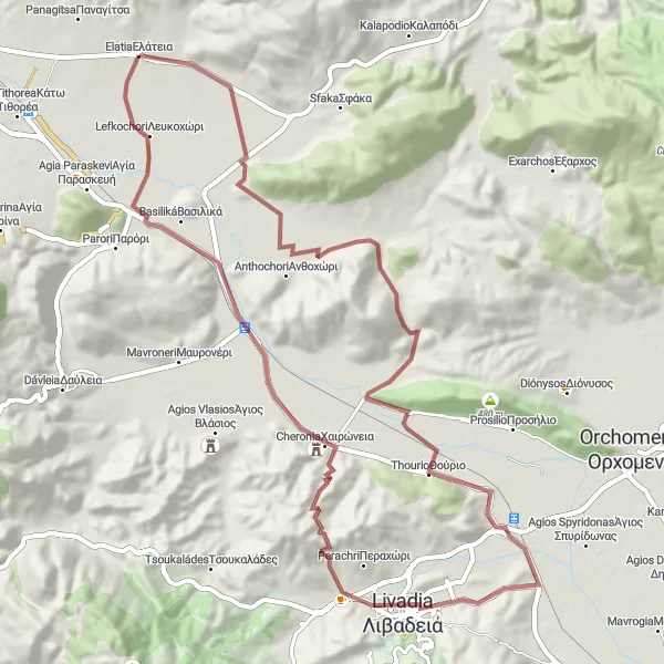 Map miniature of "Krya Springs Gravel Ride" cycling inspiration in Sterea Elláda, Greece. Generated by Tarmacs.app cycling route planner