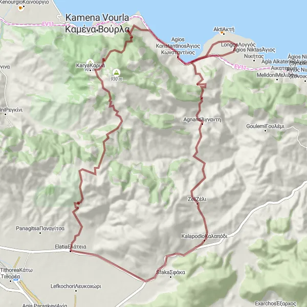 Map miniature of "Karya Gravel Adventure" cycling inspiration in Sterea Elláda, Greece. Generated by Tarmacs.app cycling route planner