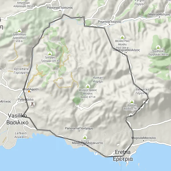 Map miniature of "Eretria - Vrachos Loop" cycling inspiration in Sterea Elláda, Greece. Generated by Tarmacs.app cycling route planner