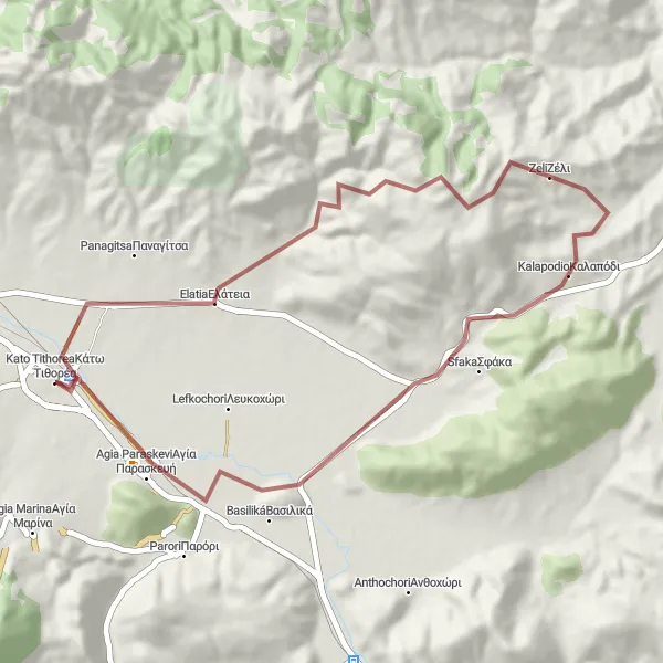 Map miniature of "Gravel route towards Elatia and Zeli" cycling inspiration in Sterea Elláda, Greece. Generated by Tarmacs.app cycling route planner