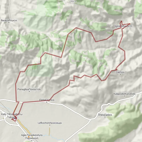 Map miniature of "Challenging gravel route to Elatia, Zeli, and Kato Tithorea" cycling inspiration in Sterea Elláda, Greece. Generated by Tarmacs.app cycling route planner