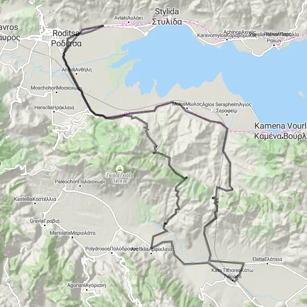 Map miniature of "Epic road route to Amfiklia, Mendinita, Thermopylae, and Molos" cycling inspiration in Sterea Elláda, Greece. Generated by Tarmacs.app cycling route planner