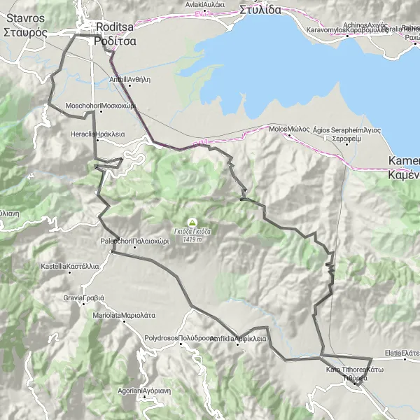 Map miniature of "The Battle of Thermopylae Road Cycling Route" cycling inspiration in Sterea Elláda, Greece. Generated by Tarmacs.app cycling route planner