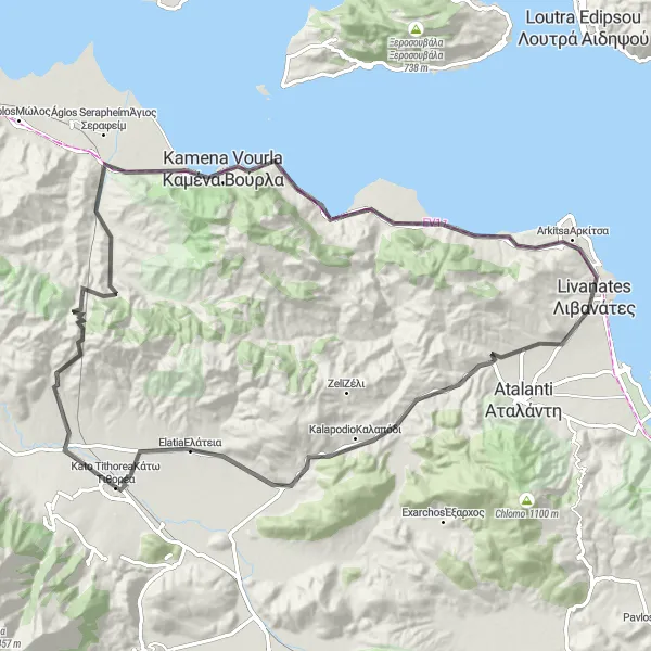 Map miniature of "The Road to Elatia" cycling inspiration in Sterea Elláda, Greece. Generated by Tarmacs.app cycling route planner