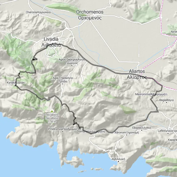 Map miniature of "Aliartos and Thespiae Exploration" cycling inspiration in Sterea Elláda, Greece. Generated by Tarmacs.app cycling route planner