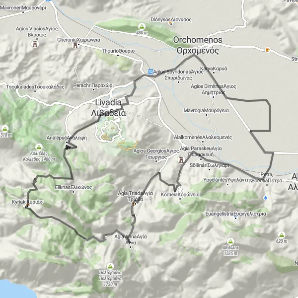 Map miniature of "The Boeotian Escape" cycling inspiration in Sterea Elláda, Greece. Generated by Tarmacs.app cycling route planner