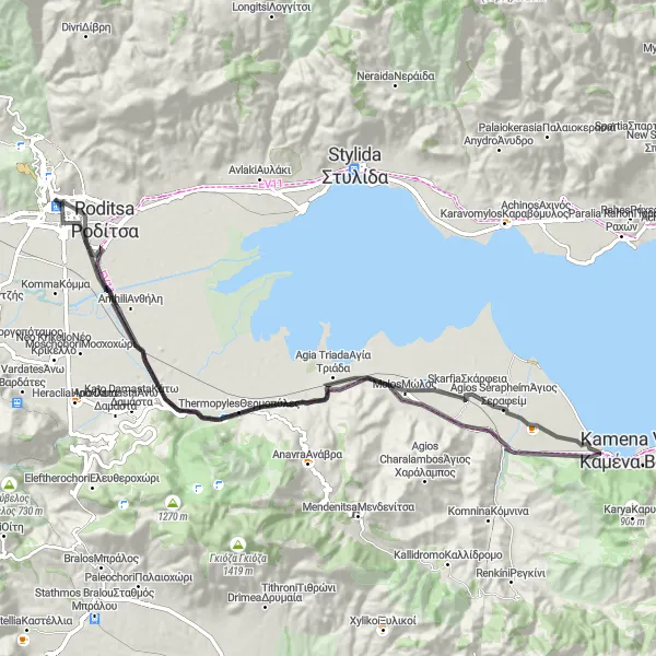 Map miniature of "Thermopylae Battle Loop" cycling inspiration in Sterea Elláda, Greece. Generated by Tarmacs.app cycling route planner