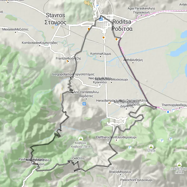 Map miniature of "Mountainous Escape" cycling inspiration in Sterea Elláda, Greece. Generated by Tarmacs.app cycling route planner