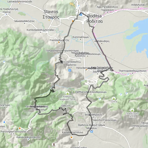 Map miniature of "Koromilia Loop" cycling inspiration in Sterea Elláda, Greece. Generated by Tarmacs.app cycling route planner