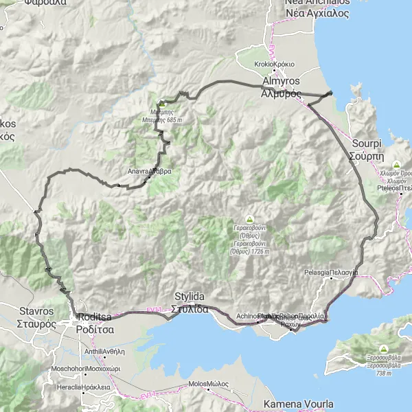 Map miniature of "Coastal Journey to Halos" cycling inspiration in Sterea Elláda, Greece. Generated by Tarmacs.app cycling route planner