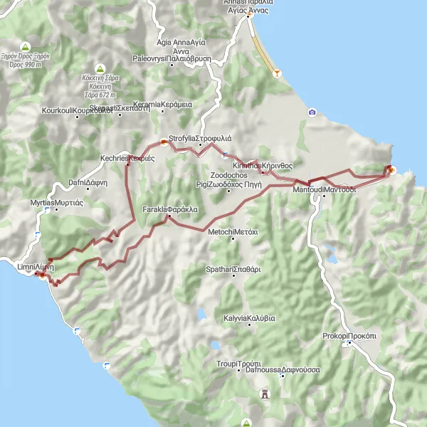 Map miniature of "Lake and Mountain Gravel Route" cycling inspiration in Sterea Elláda, Greece. Generated by Tarmacs.app cycling route planner