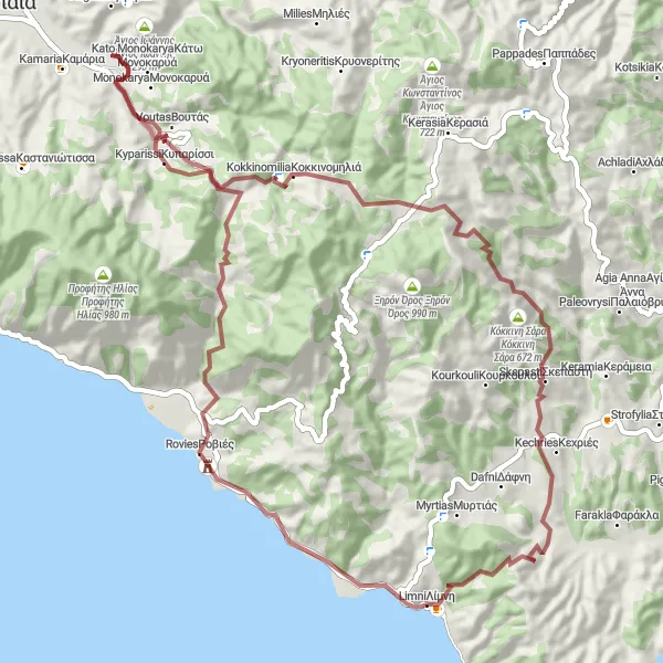 Map miniature of "Mountain Exploration Gravel Tour" cycling inspiration in Sterea Elláda, Greece. Generated by Tarmacs.app cycling route planner