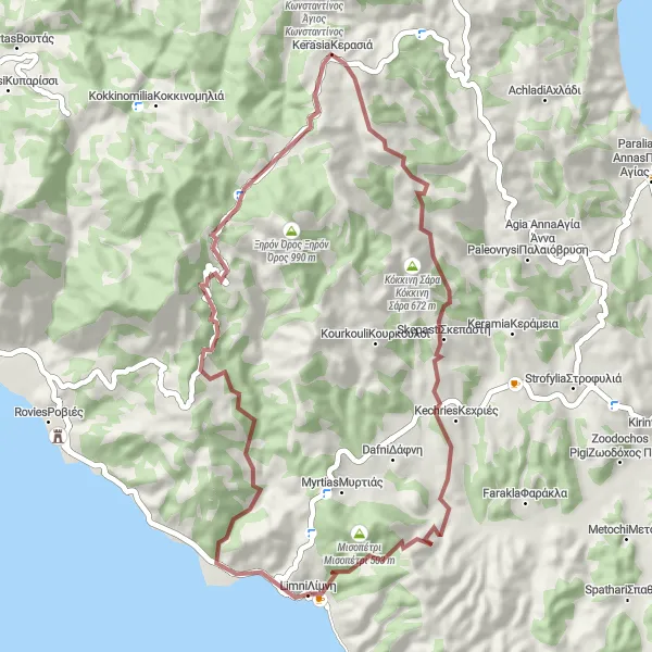 Map miniature of "Waterfall and Mountain Gravel Tour" cycling inspiration in Sterea Elláda, Greece. Generated by Tarmacs.app cycling route planner