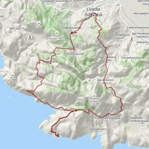 Map miniature of "Livadeiá Gravel Adventure" cycling inspiration in Sterea Elláda, Greece. Generated by Tarmacs.app cycling route planner