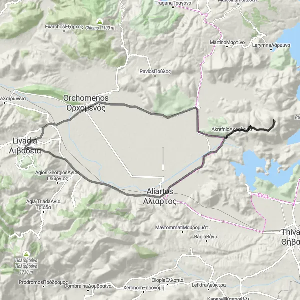 Map miniature of "Livadeiá - Πηγές Κρύας Loop" cycling inspiration in Sterea Elláda, Greece. Generated by Tarmacs.app cycling route planner