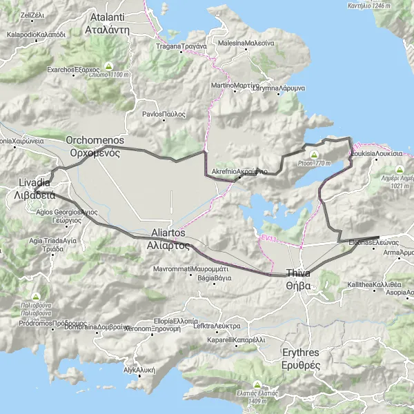 Map miniature of "The Orchomenos Loop" cycling inspiration in Sterea Elláda, Greece. Generated by Tarmacs.app cycling route planner